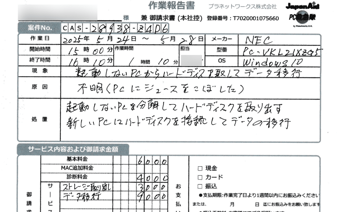 実際の作業報告書